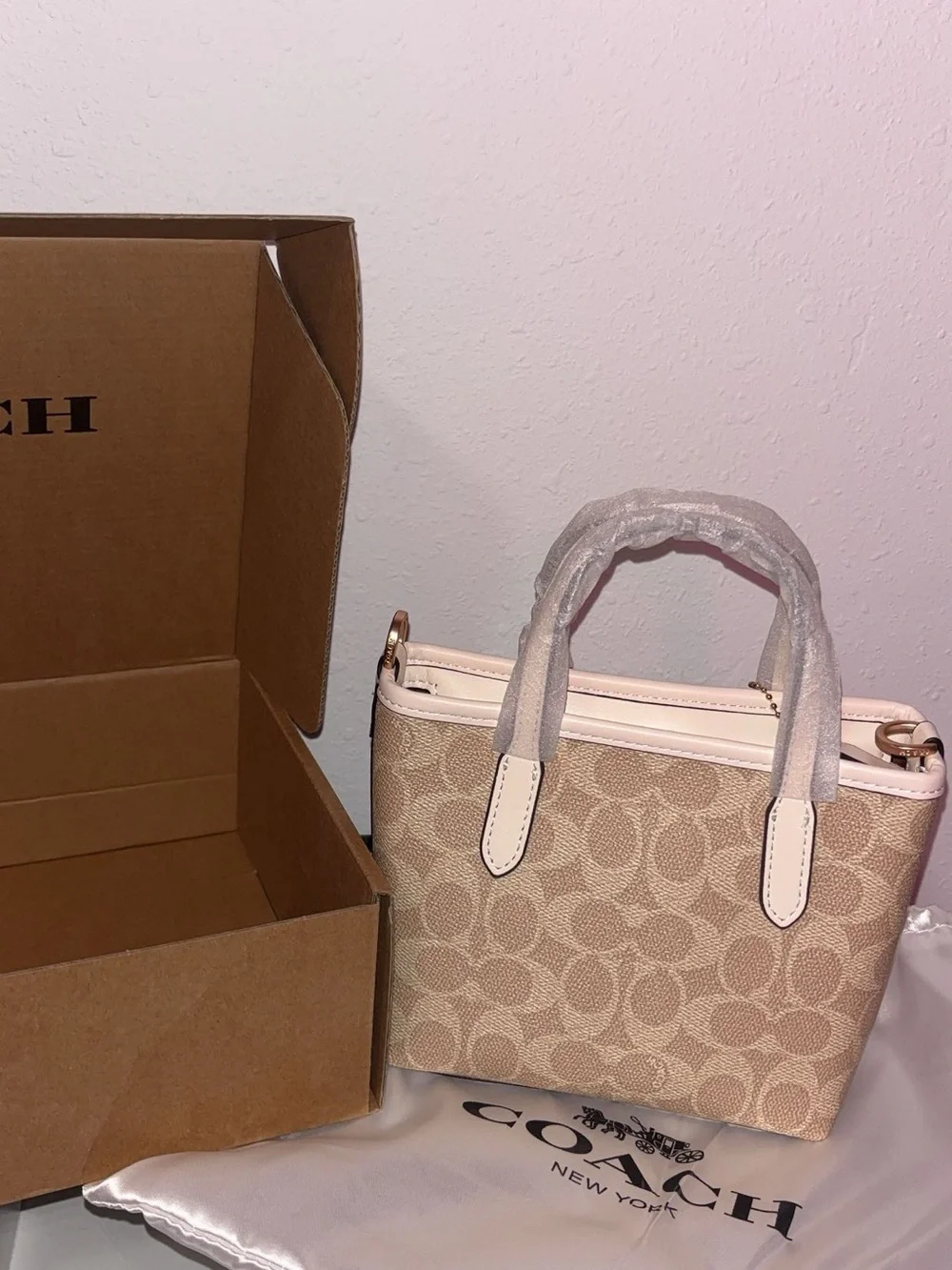 Coach Mini Satchel in Beige Canvas with Pale Pink Trim